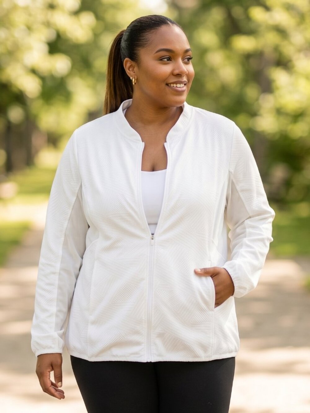 ActiveZone White Textured Full-Zip Athletic Jacket Mock Neck Plus 2X
